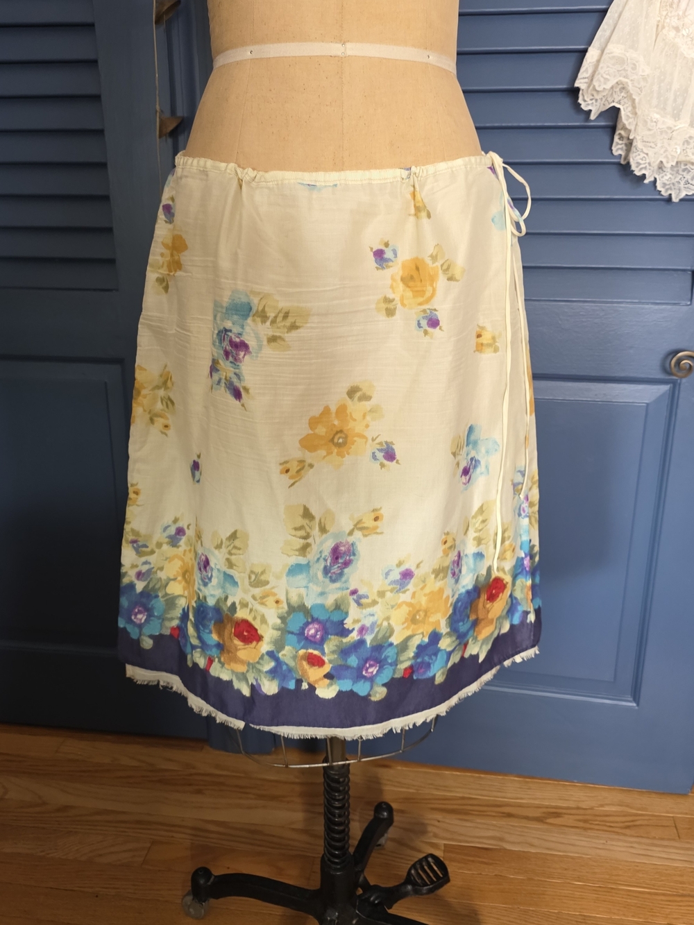 Floral Border Wrap Skirt - Cream with Yellow & Blue Flowers